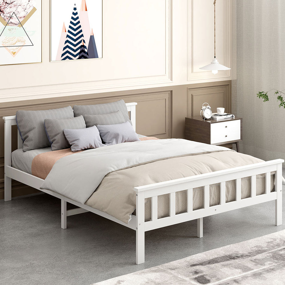 Levede Wooden Bed Frame Queen Size Mattress Base Solid Timber Pine Wood White