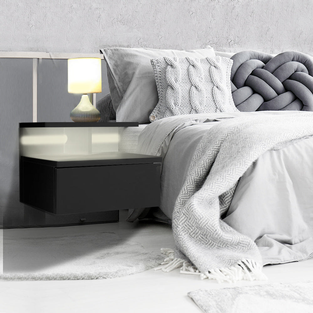 Levede 2x Bedside Tables Side Table LED Wall Mounted Cabinet Floating Nightstand