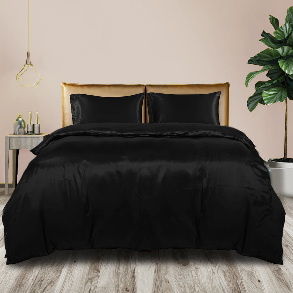 Dreamz Silky Satin Quilt Cover Set Bedspread Pillowcases Summer King Black