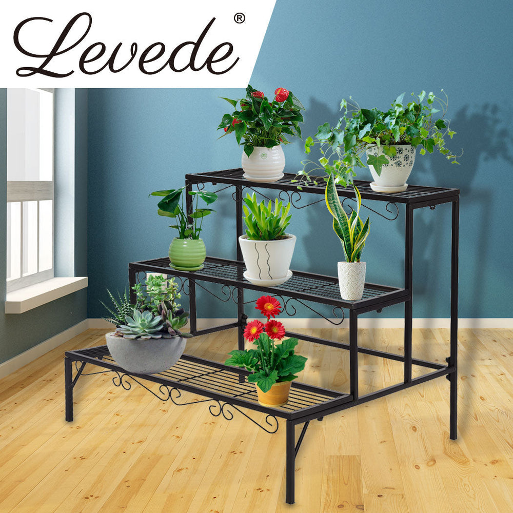 Levede Plant Stand 3 Tier Rectangle Metal Flower Pot Planter Corner Shelf Black