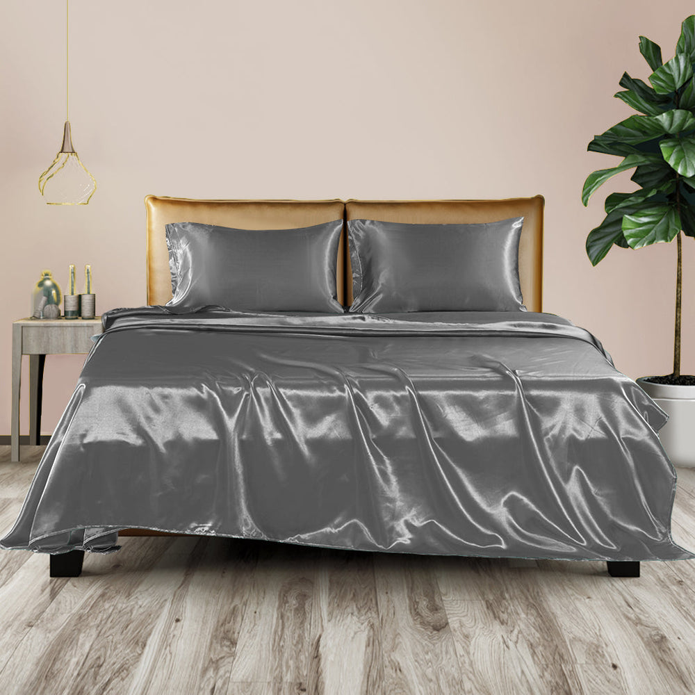 Dreamz Silky Satin Sheets Fitted Flat Bed Sheet Pillowcases Summer King Grey