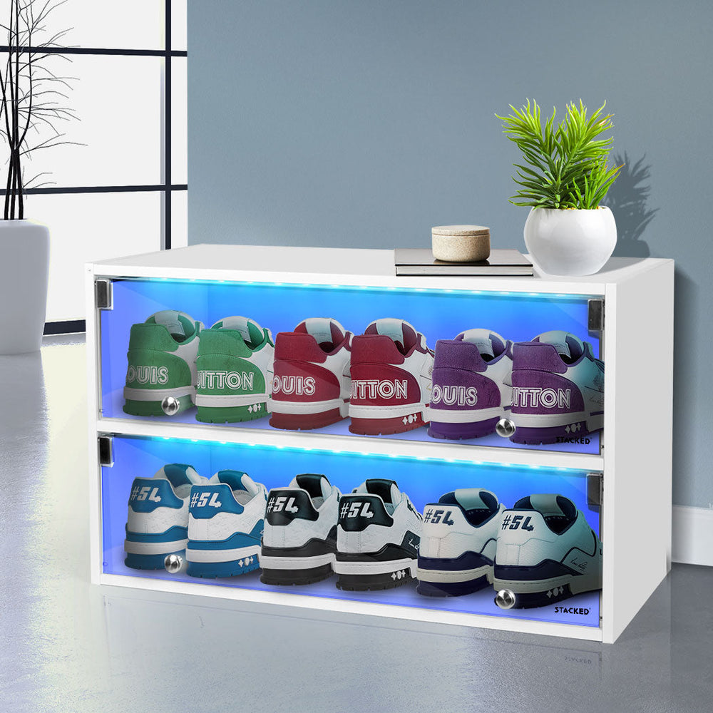 Stacked Shoes Storage Cabinet LED Sneaker Display Case Stackable Rack Lighted