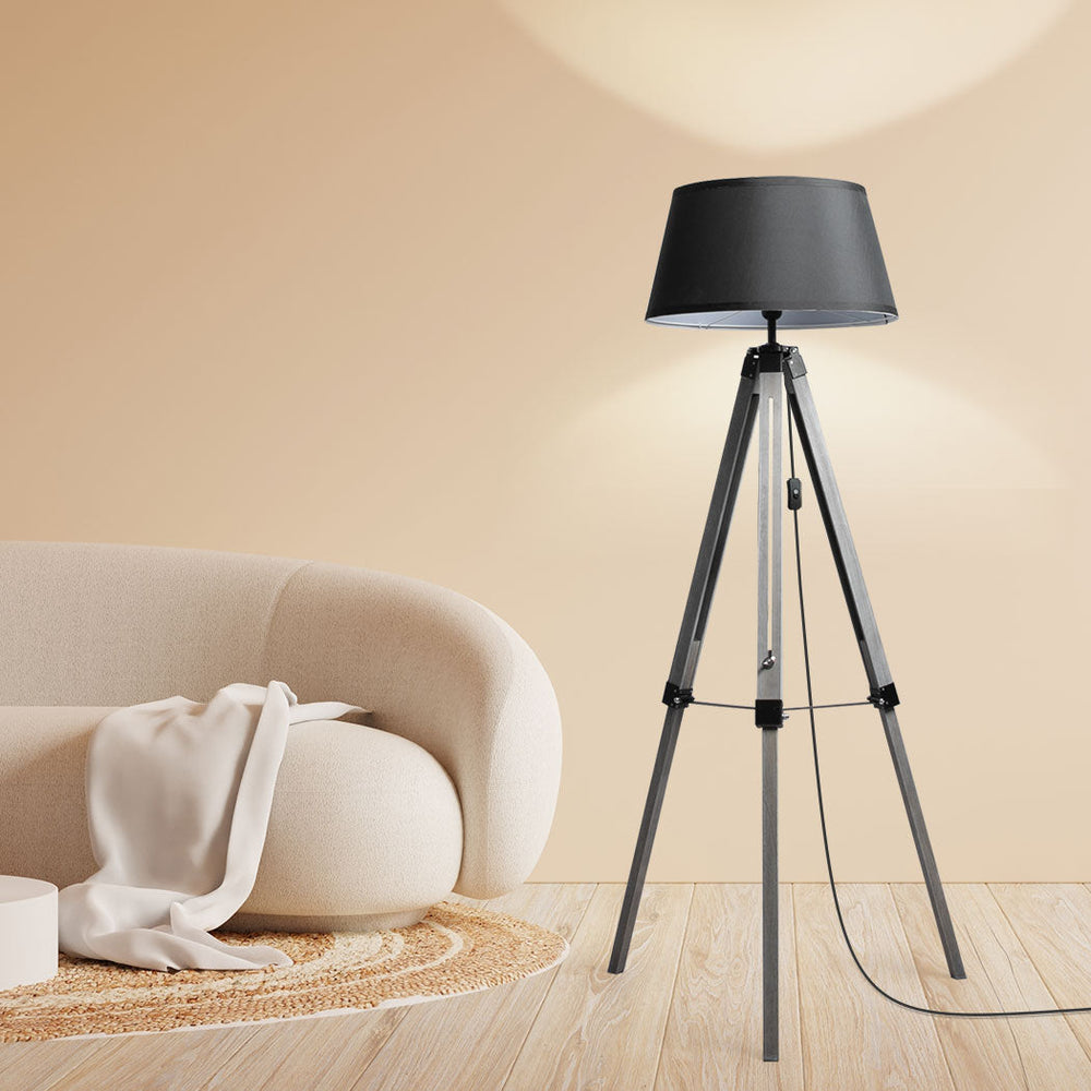 Emitto Tripod Wooden Floor Lamp Shaded Reading Light Adjustable Stand Lighting