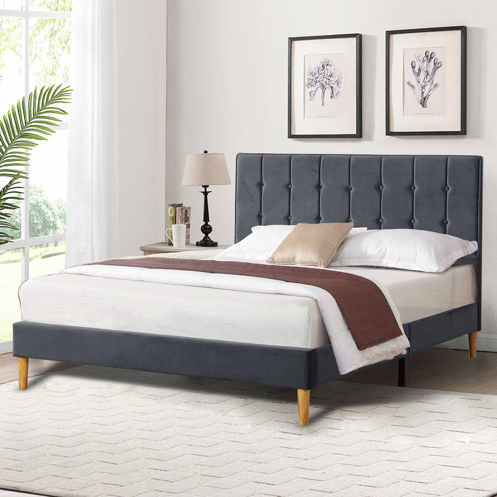 Levede Fabric Bed Frame Double Mattress Base Platform Wood Velvet Headboard Grey