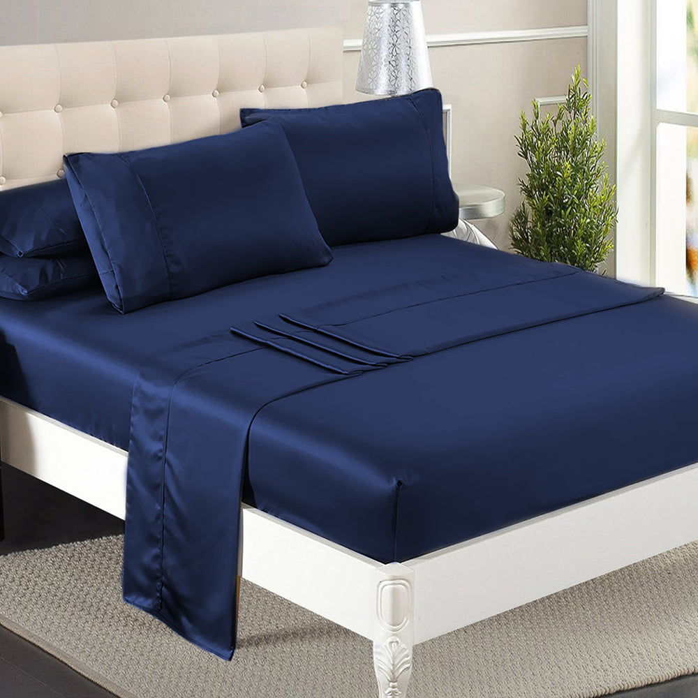 Dreamz Silky Satin Sheets Fitted Flat Bed Sheet Pillowcases Summer Queen Blue