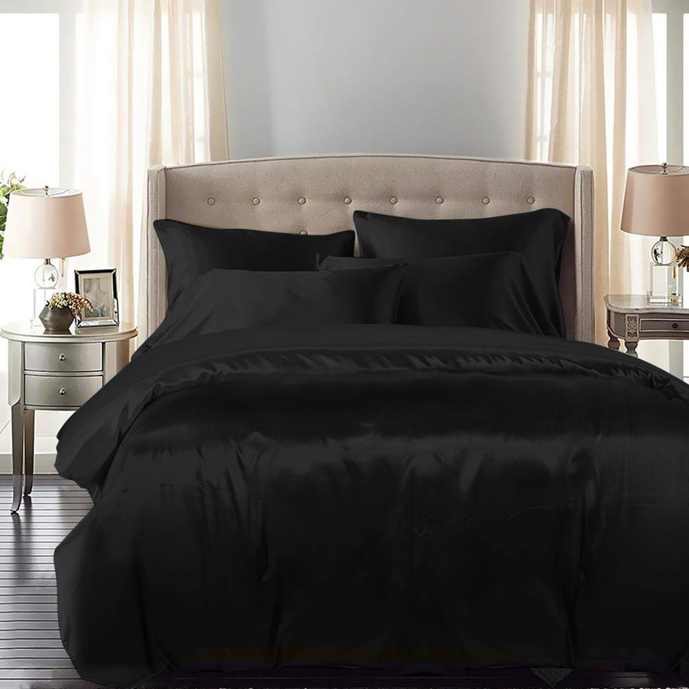 Dreamz Silky Satin Quilt Cover Set Bedspread Pillowcases Summer King Black