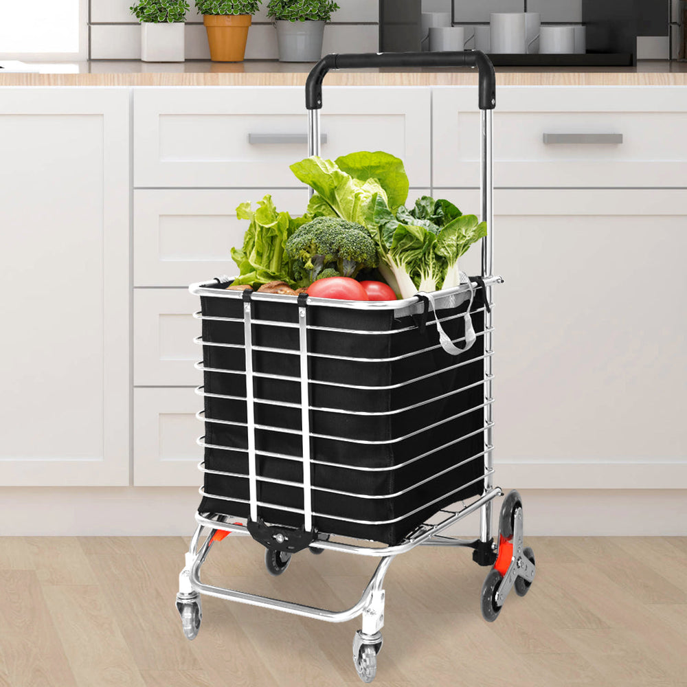 Mountview Foldable Shopping Cart Trolley Basket Grocery Portable Black 40L Wheel