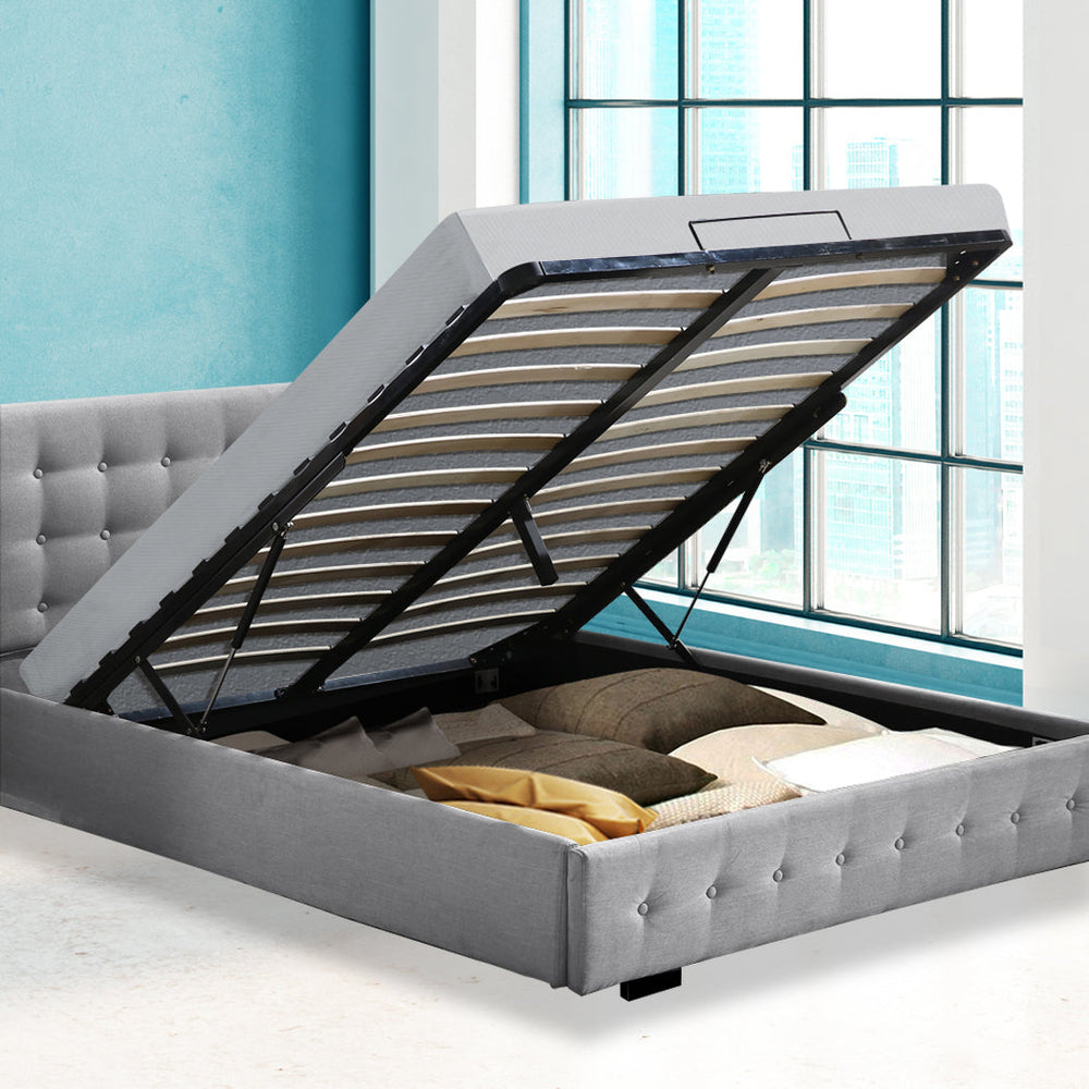 Levede  Queen Bed Frame Fabric Tufted Mattress Platform Gas Lift Storage Grey