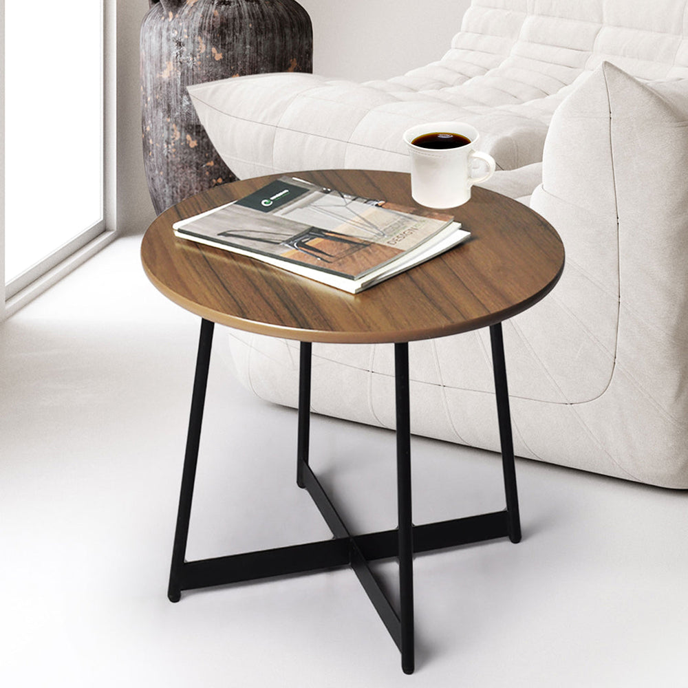 Levede Side Table Bedside Coffee End Round Wood Steel Industrial Retro 50cm Dia.