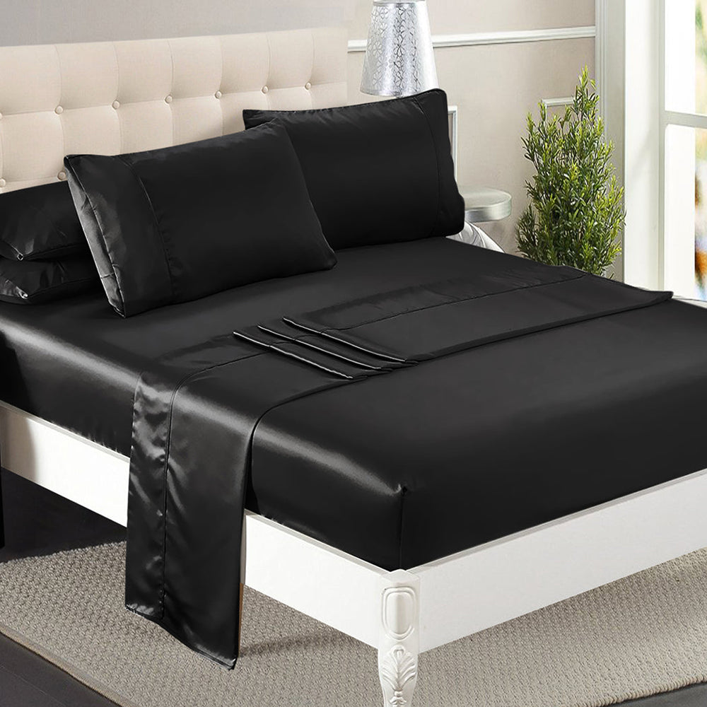 Dreamz Silky Satin Sheets Fitted Bed Sheet Pillowcases Summer King Single Black