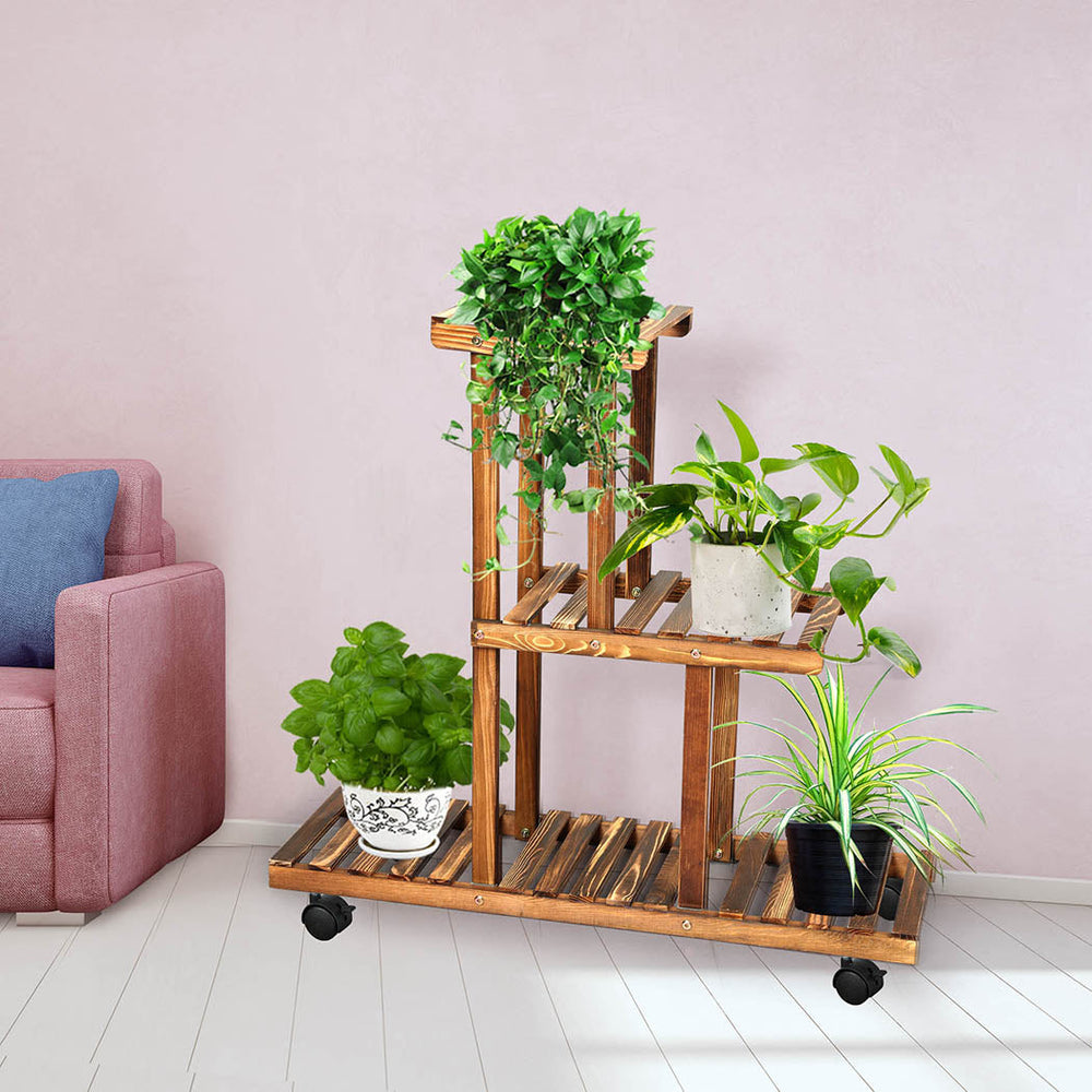 Levede 3-Tier Plant Stand Wood Wooden Wheel Shelf Flower Pots Rack Indoor Garden