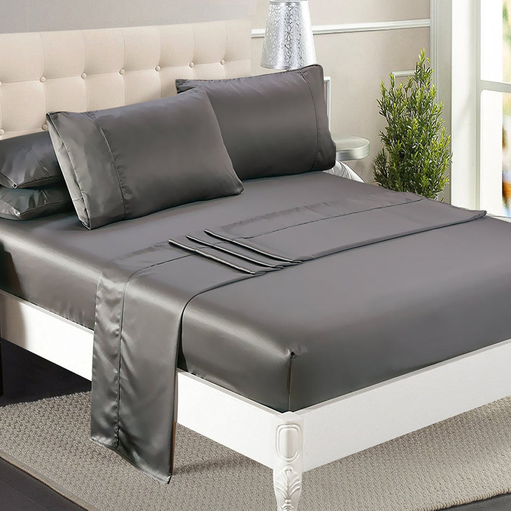 Dreamz Silky Satin Sheets Fitted Flat Bed Sheet Pillowcases Summer Single Grey