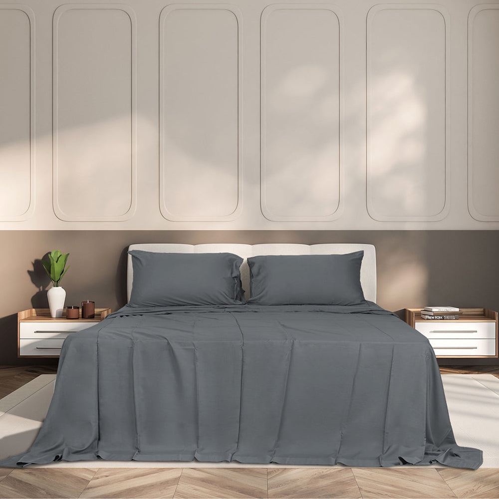 Dreamz Fitted Sheet Set Pillowcase Bamboo Double Charcoal Summer 4PCS