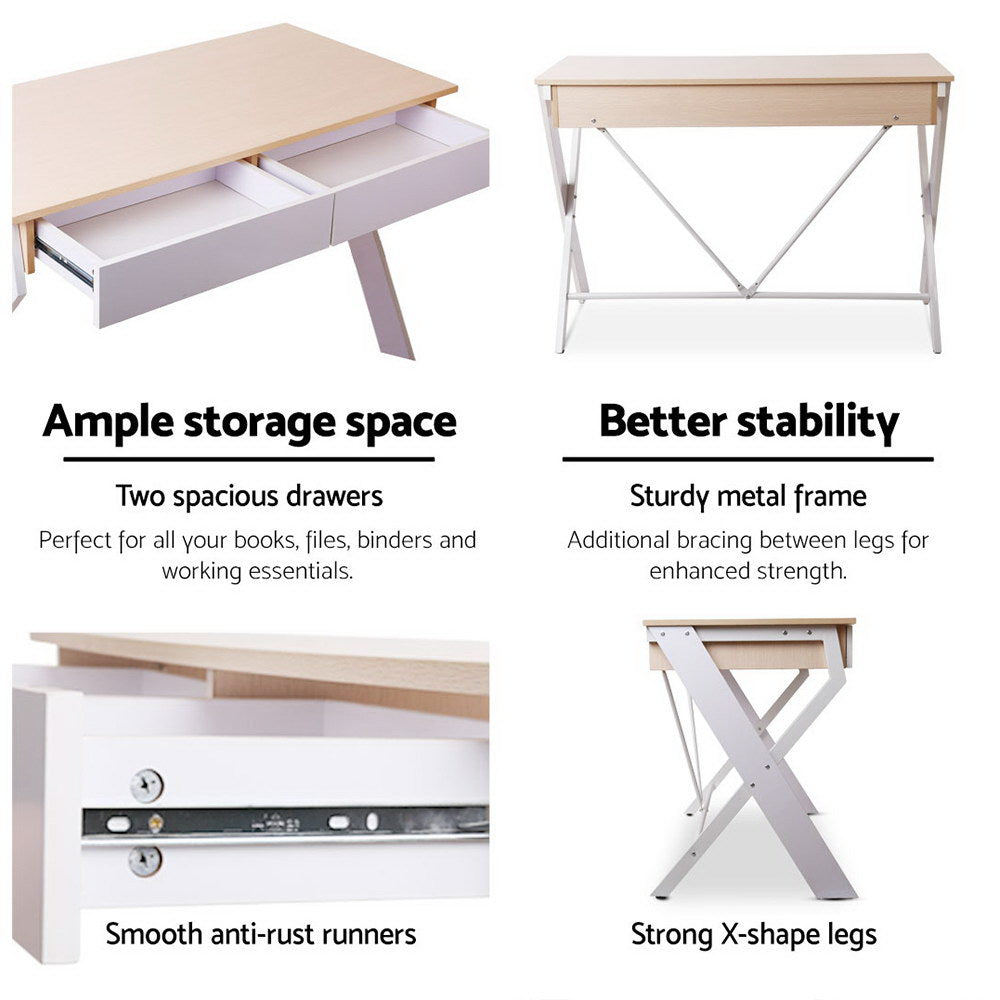 Artiss Metal Desk with Drawer White with Oak Top