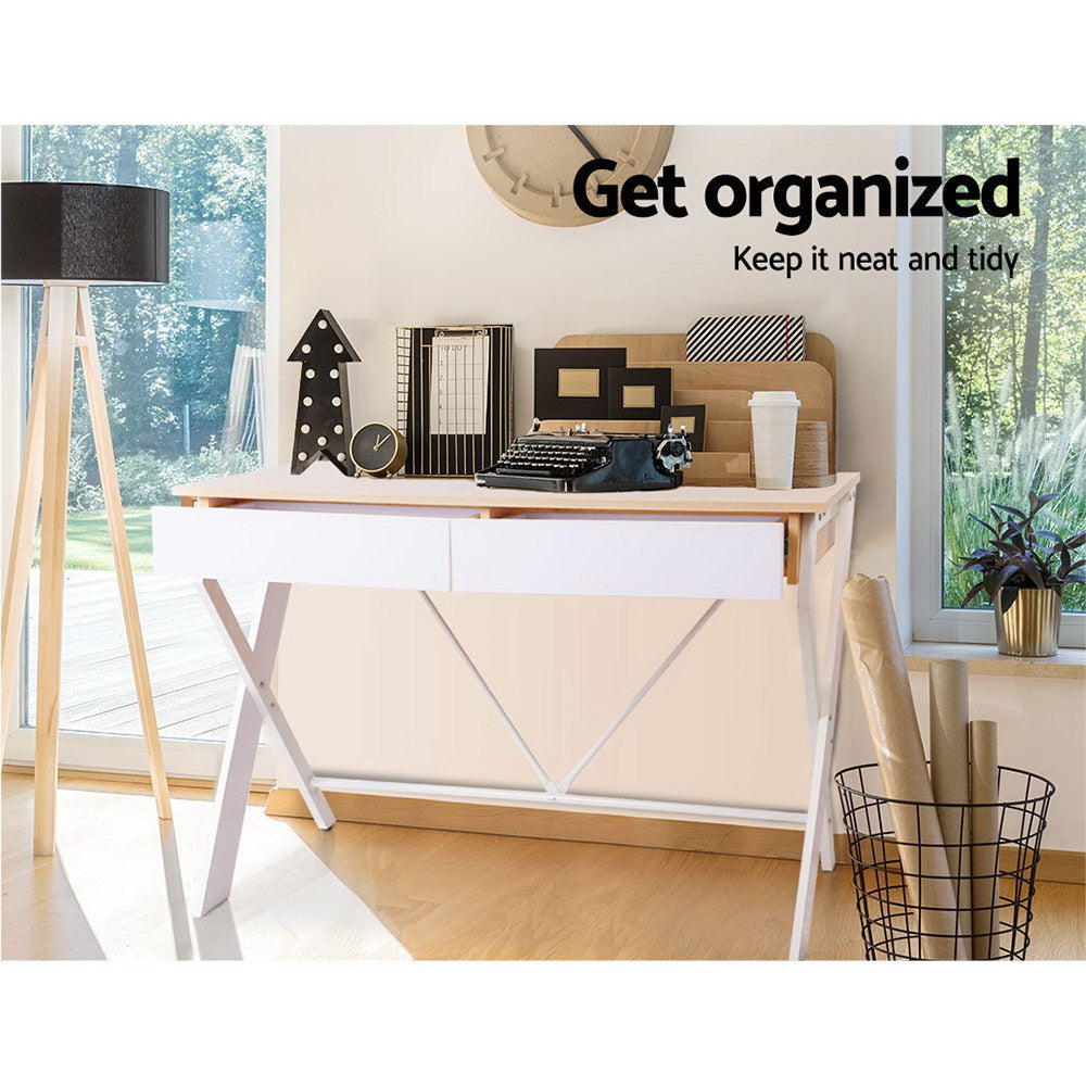 Artiss Metal Desk with Drawer White with Oak Top