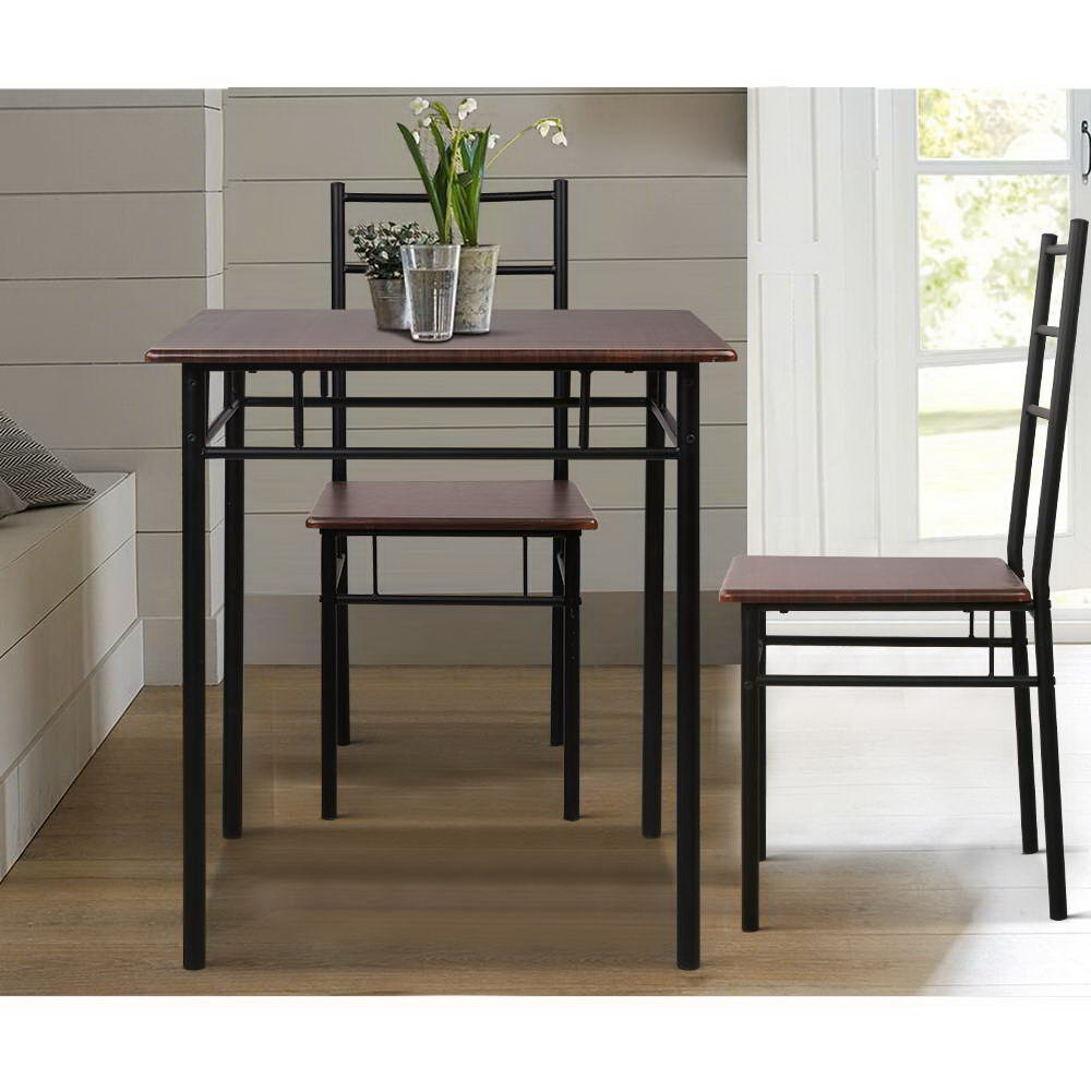 Artiss Metal Table and Chairs Walnut &amp; Black