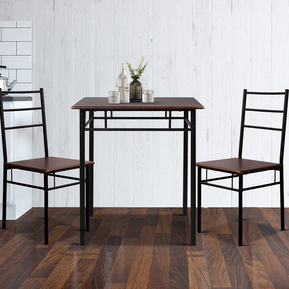 Artiss Metal Table and Chairs Walnut &amp; Black