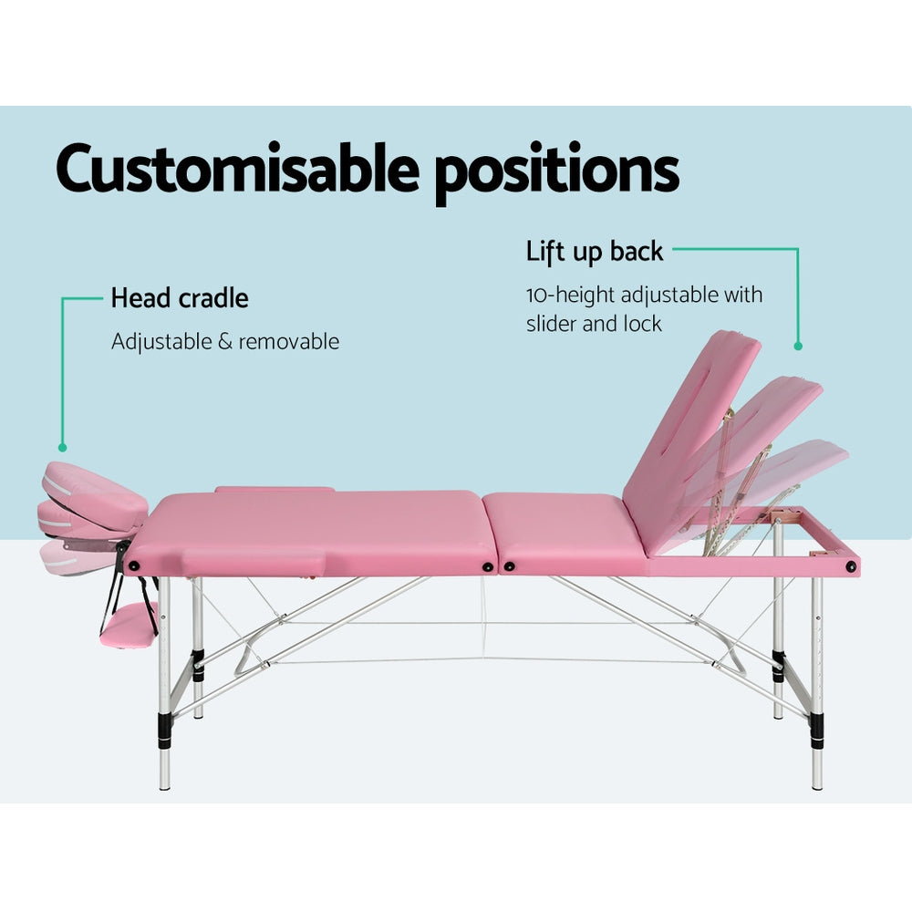 Zenses Massage Table 85cm 3 Fold Aluminium Pink