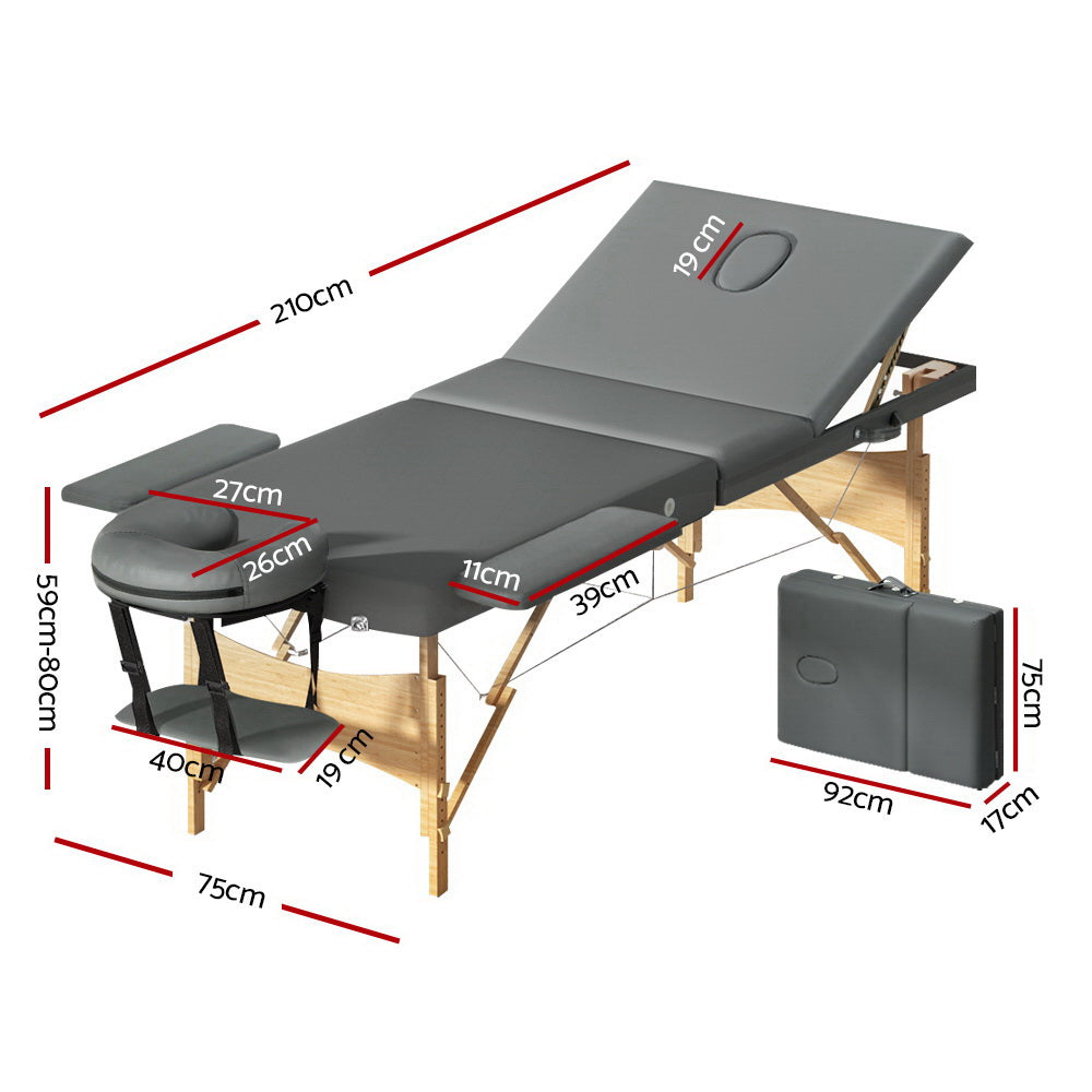 Zenses 3 Fold Wooden Massage Table 75CM Grey