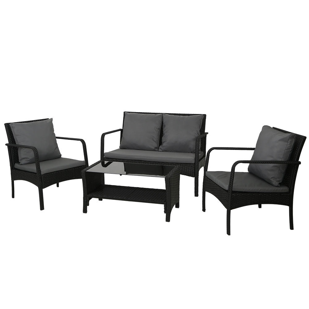 Gardeon 4 Pieces Wicker Outdoor Lounge Set Black