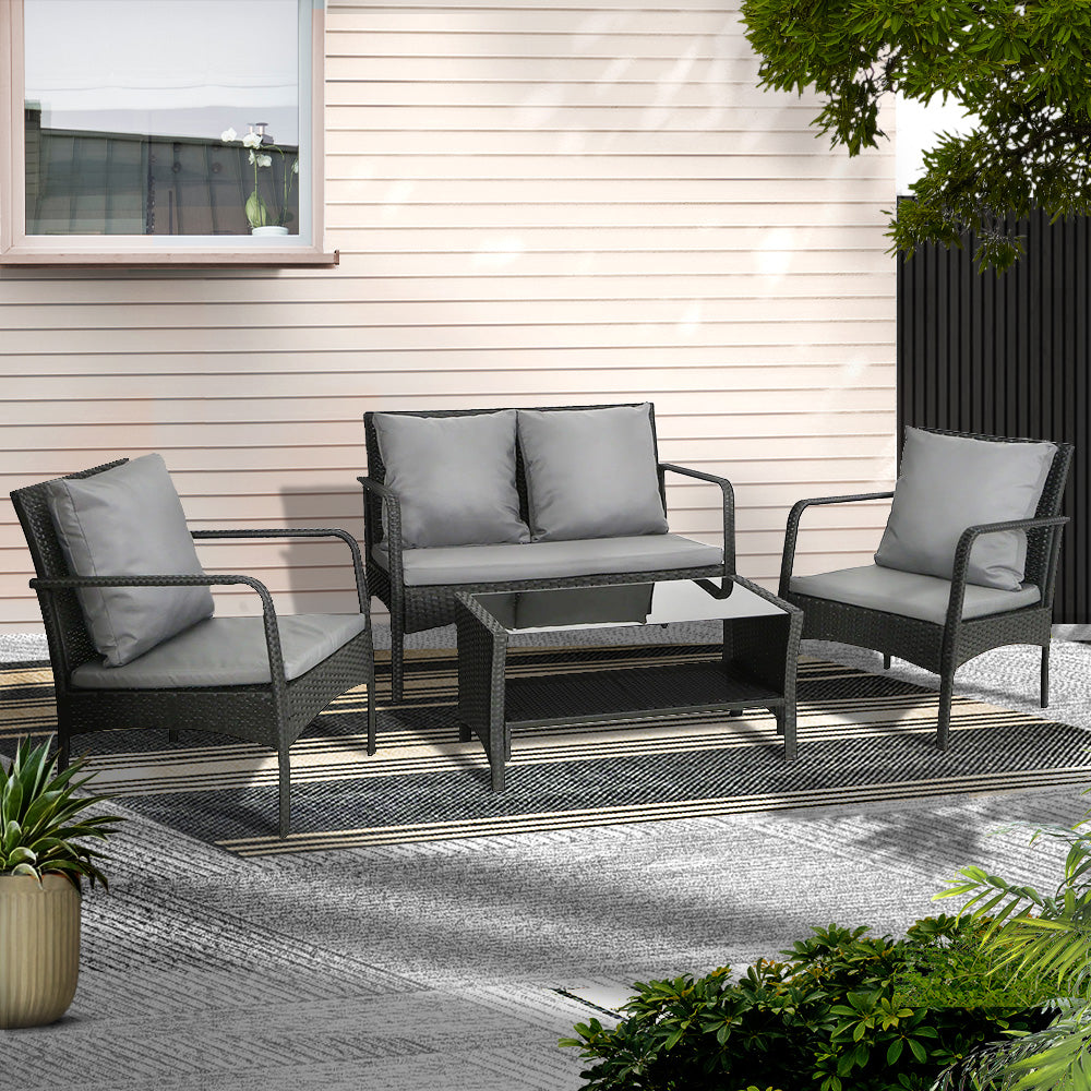 Gardeon 4 Pieces Wicker Outdoor Lounge Set Black