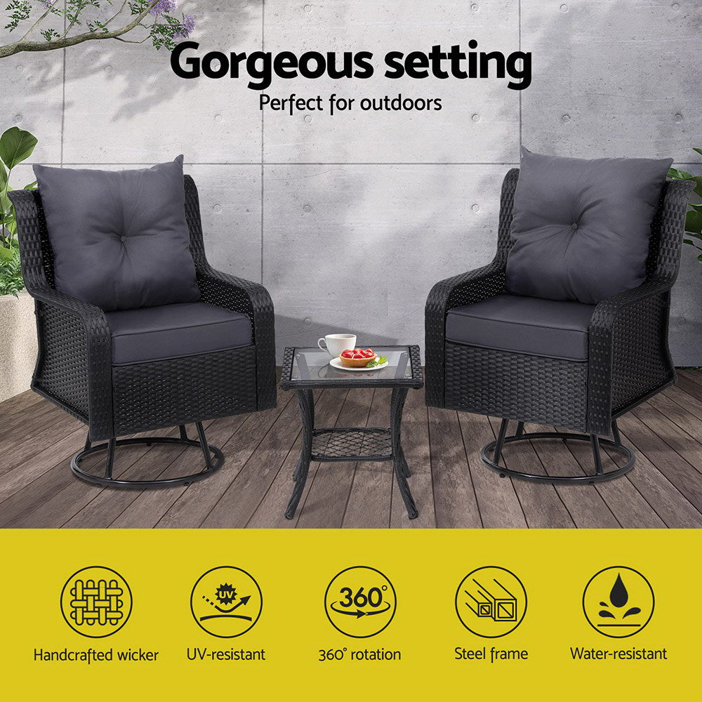 Gardeon 3 Pieces Outdoor Chairs Wicker Swivel Bistro Set