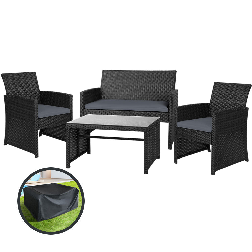 Gardeon Outdoor 4 Pieces Lounge Setting with Cover Black