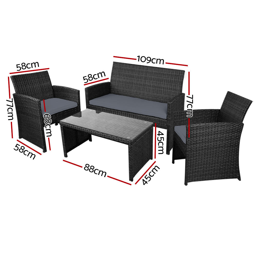 Gardeon Outdoor 4 Pieces Lounge Setting with Cover Black