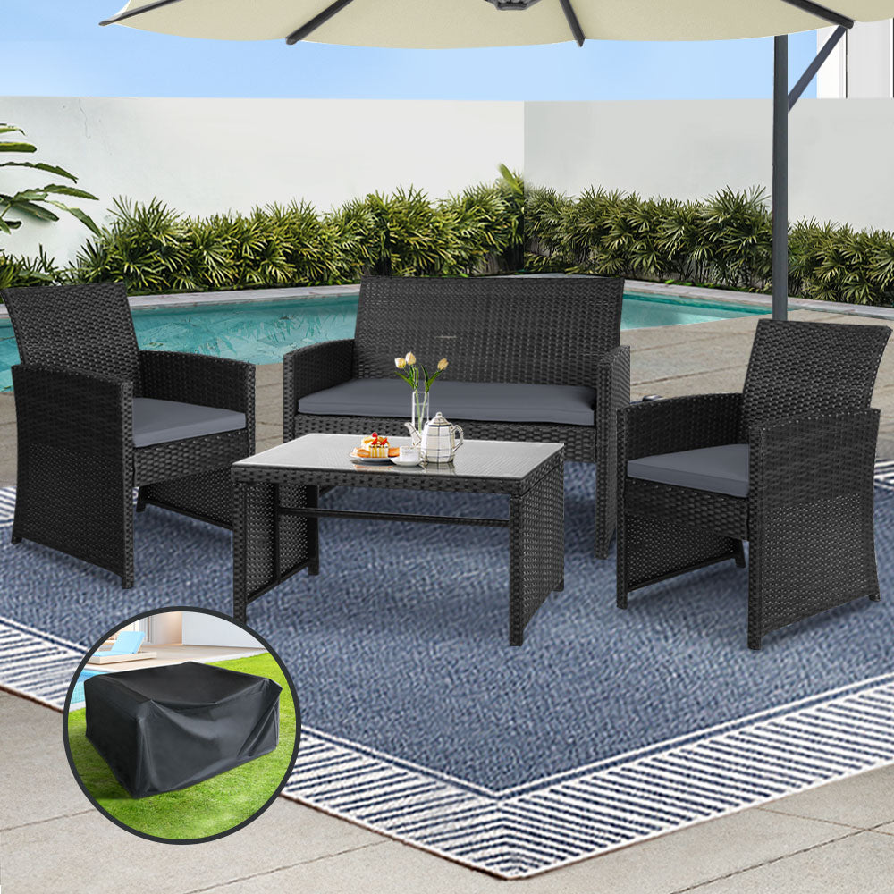 Gardeon Outdoor 4 Pieces Lounge Setting with Cover Black