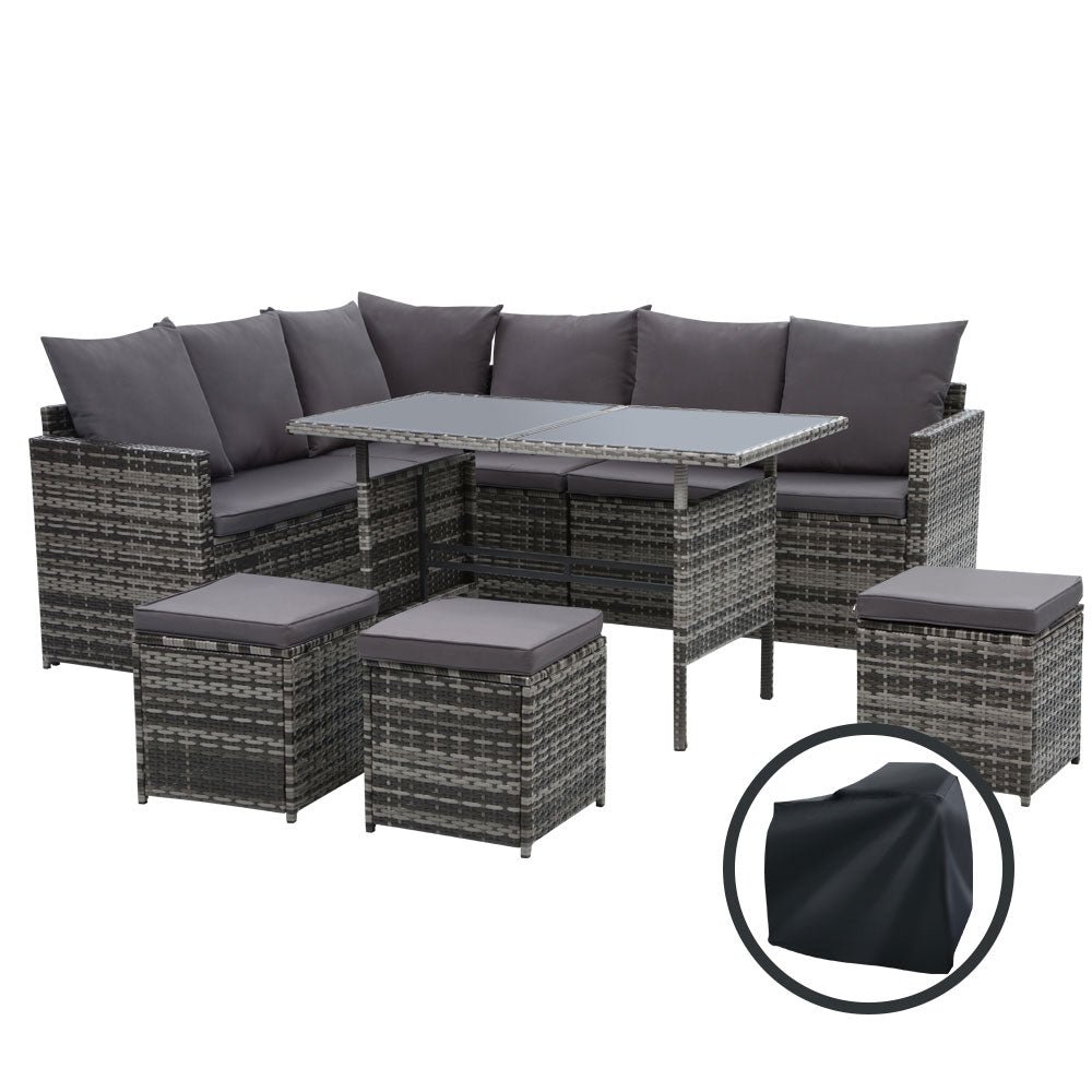 Gardeon Outdoor Dining Sofa Set 9 Seater with Cover Grey