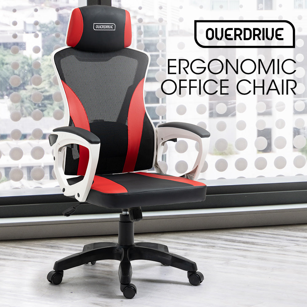 OVERDRIVE Ergonomic Office Desk Chair, Height Adjustable Lumbar Support, Mesh Fabric, Faux Leather, Headrest, White/Black/Red