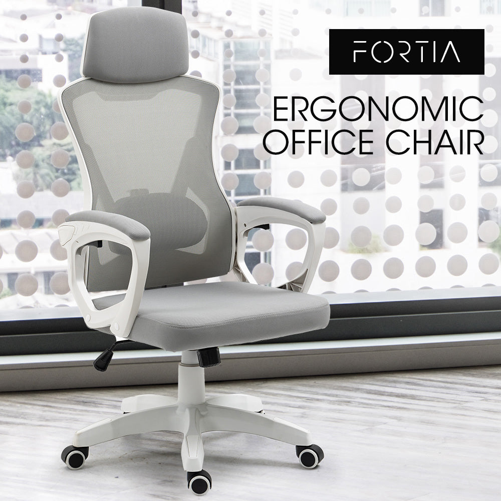FORTIA Ergonomic Mesh Office Chair Computer Seat with Headrest Adjustable Recline, White/Grey