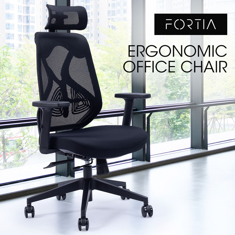 FORTIA Ergonomic Office Desk Chair, with Adjustable Lumbar Support and Headrest, Black Mesh/Black Frame