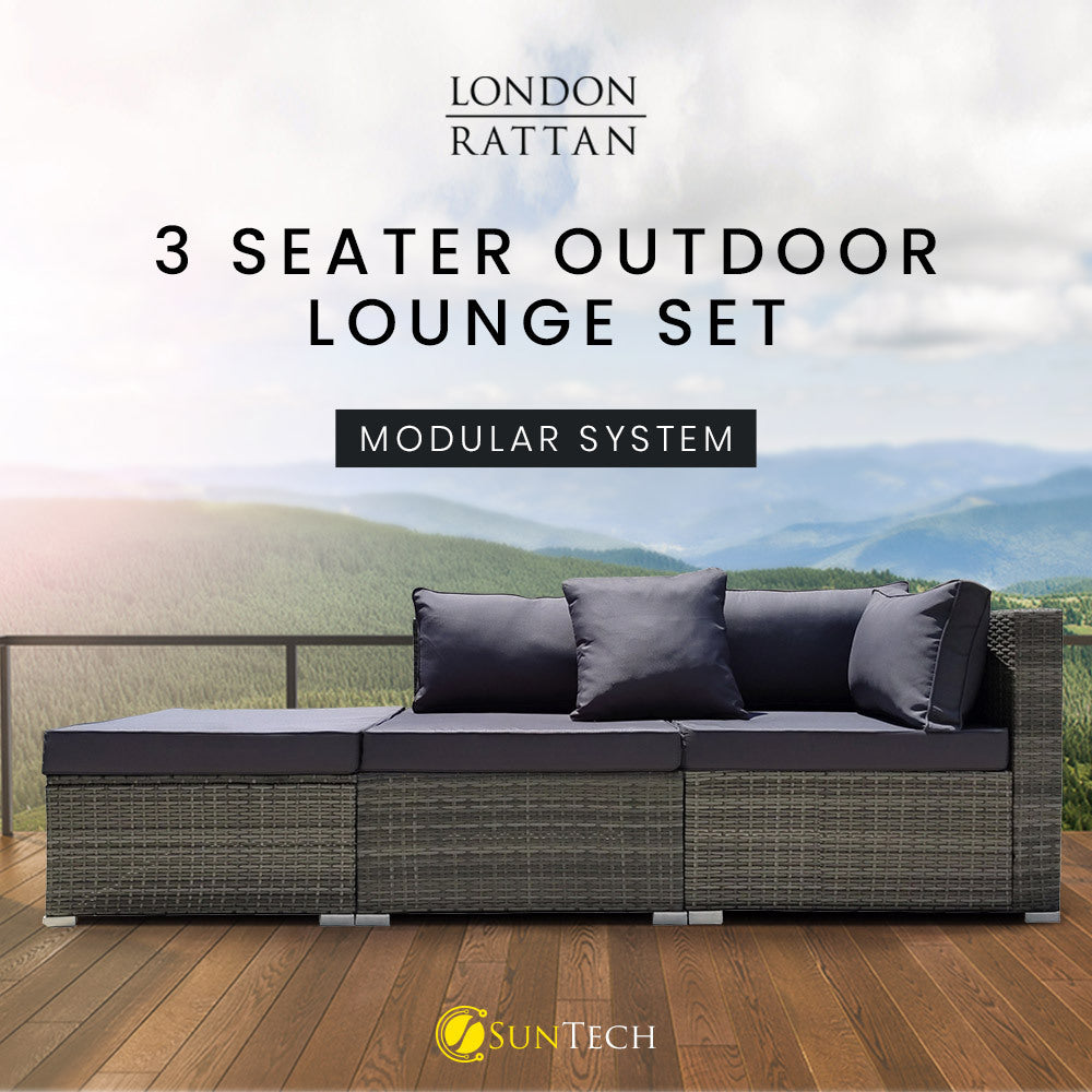 LONDON RATTAN 3 Seater Modular Outdoor Lounge Setting incl. Ottoman, Grey