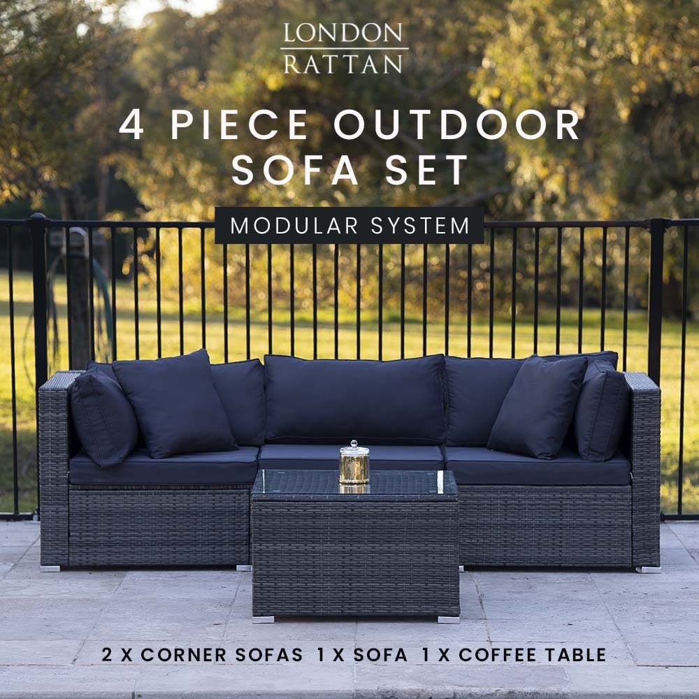LONDON RATTAN 4 Piece 3 Seater Modular Outdoor Lounge Setting incl. Coffee Table, Grey
