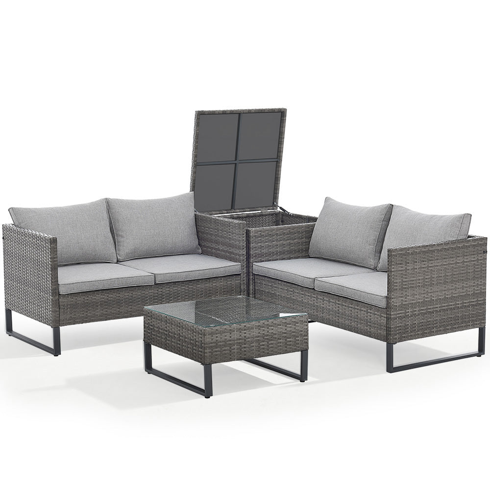 LONDON RATTAN 4 pc Outdoor Furniture Setting, 4 Seater Lounge, Chairs, Coffee Table and Storage Box, for Outdoors Garden Patio, Grey