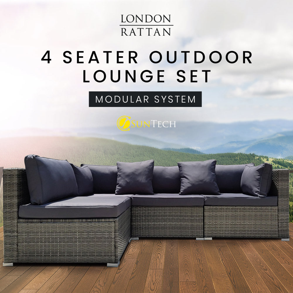 LONDON RATTAN 4 Seater Modular Outdoor Lounge Sofa Setting, Grey