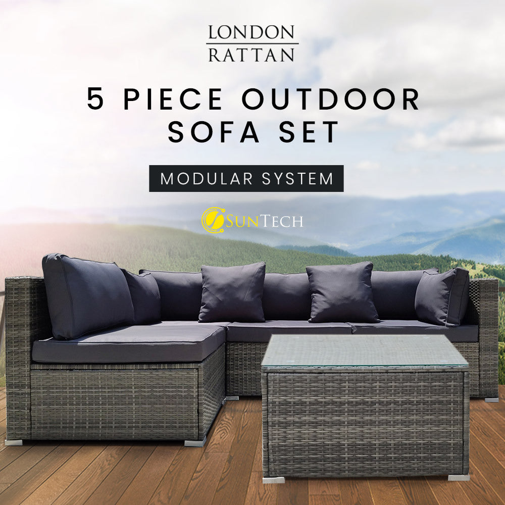 LONDON RATTAN 5 Piece 4 Seater Outdoor Modular Lounge Setting with Coffee Table, Grey