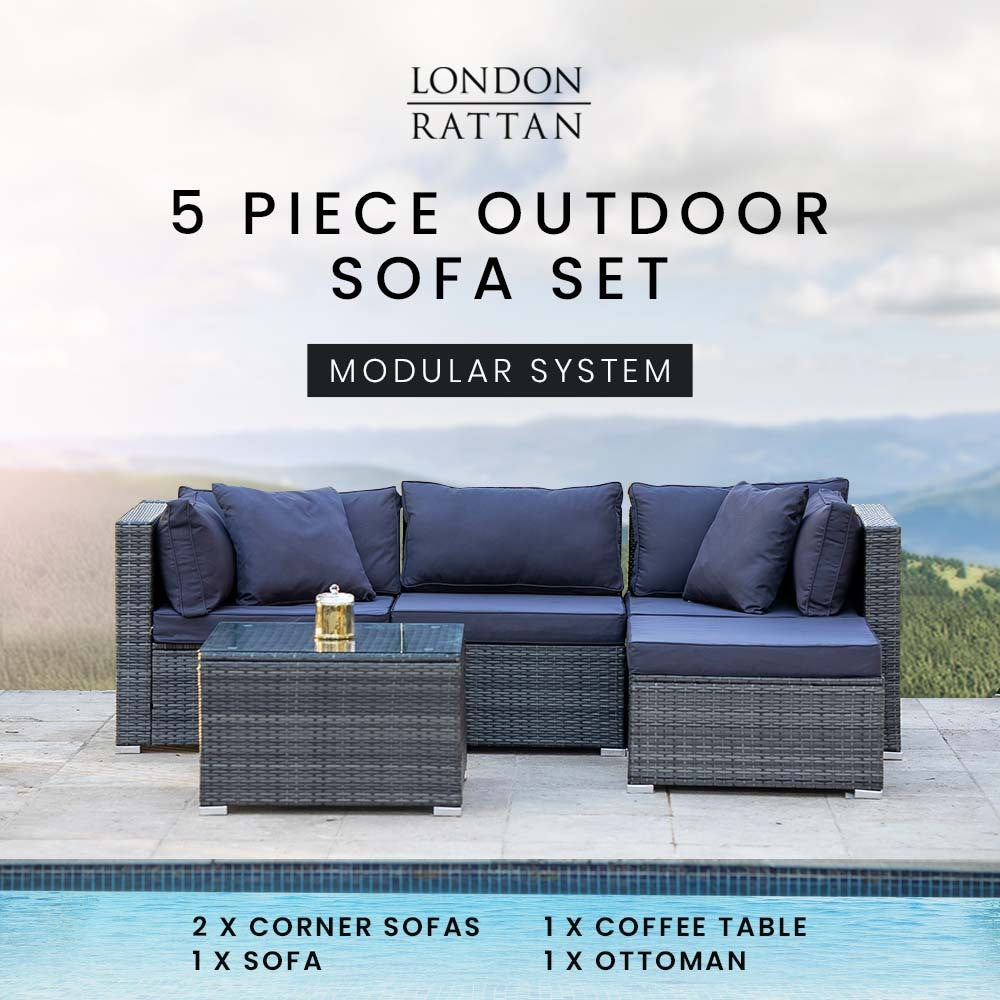LONDON RATTAN 4 Seater Modular Outdoor Lounge Setting with Coffee Table, Ottoman, Grey