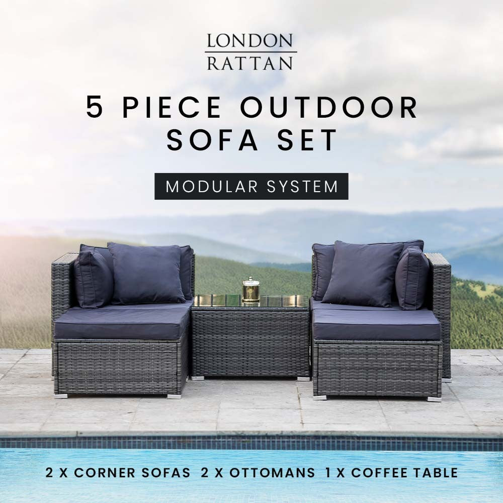 LONDON RATTAN 4 Seater Modular Outdoor Lounge Setting with Coffee Table, Ottomans, Grey