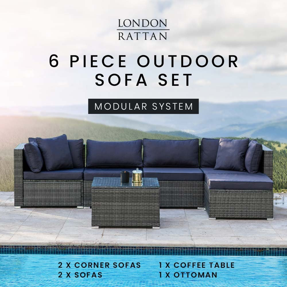 LONDON RATTAN 5 Seater Modular Outdoor Lounge Setting with Coffee Table, Ottoman, Grey