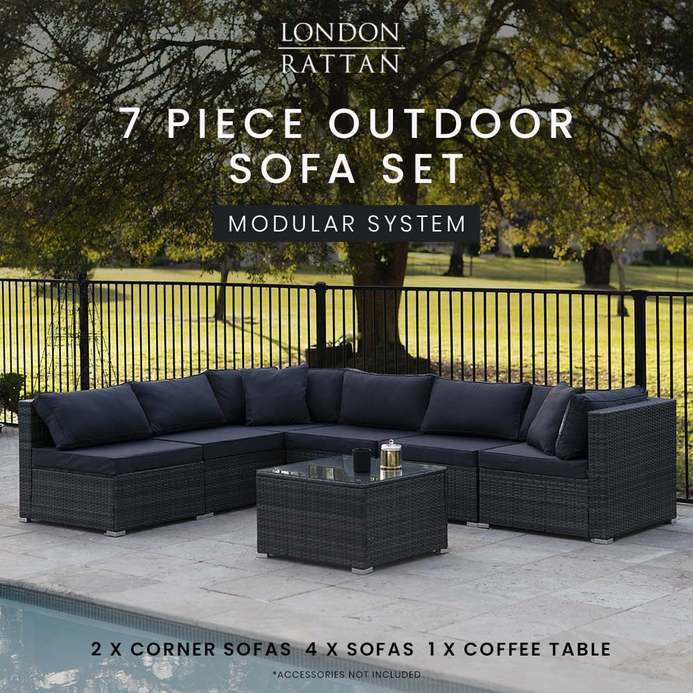 LONDON RATTAN 7 Piece 6 Seater Modular Outdoor Lounge Setting with Coffee Table, Grey