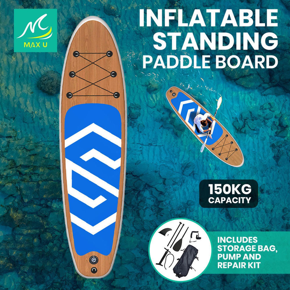 MaxU 10&#39;6&#39;&#39; Inflatable Paddle Board 3.2m SUP Surfboard Stand Up Paddleboard with Bonus Accessories - Wood Blue