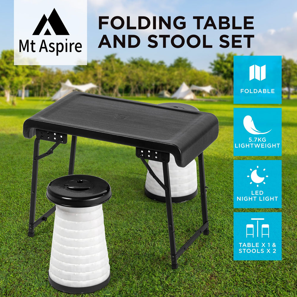 Mt Aspire Telescopic Folding Stool with LED Lamp, Waterproof Foldable Aluminium Frame Table - 3PCs Set (2 x stools, 1x table)