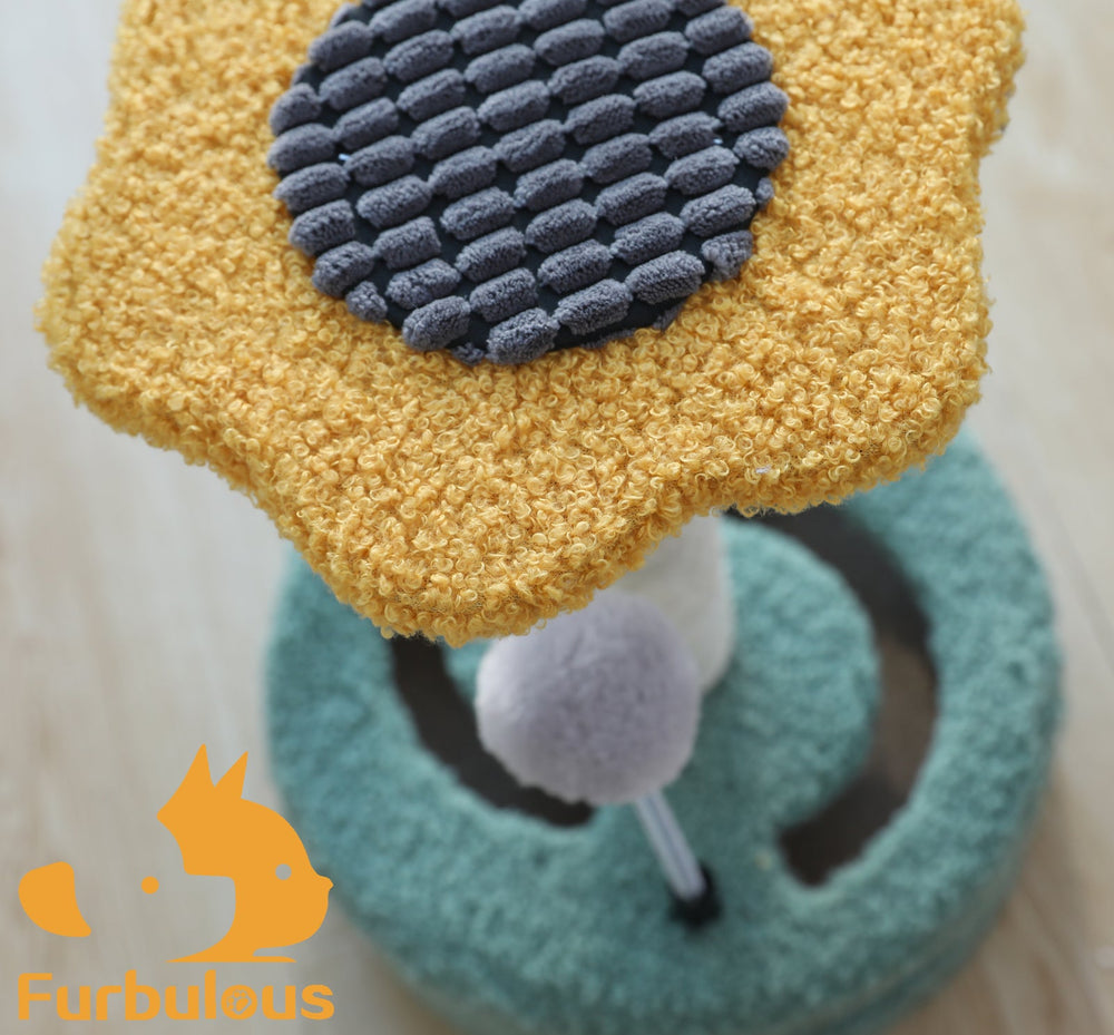 Furbulous Cat Scratching Post with 2 bobs and play compartment cat resting platform and corn cob swiping toy