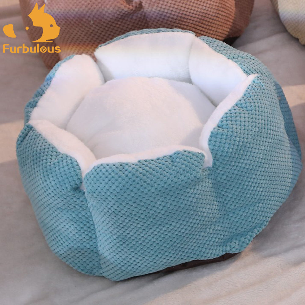 Furbulous Calming Pet Bed with Fluffy Soft Cushion for Cat and Small Dog to Rest and Sleep - Blue