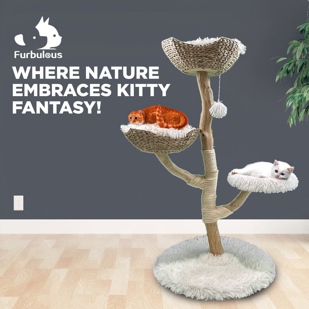 Furbulous Selected Real Wood Cat Tree with Rattan and Plush Fabric - 115cm