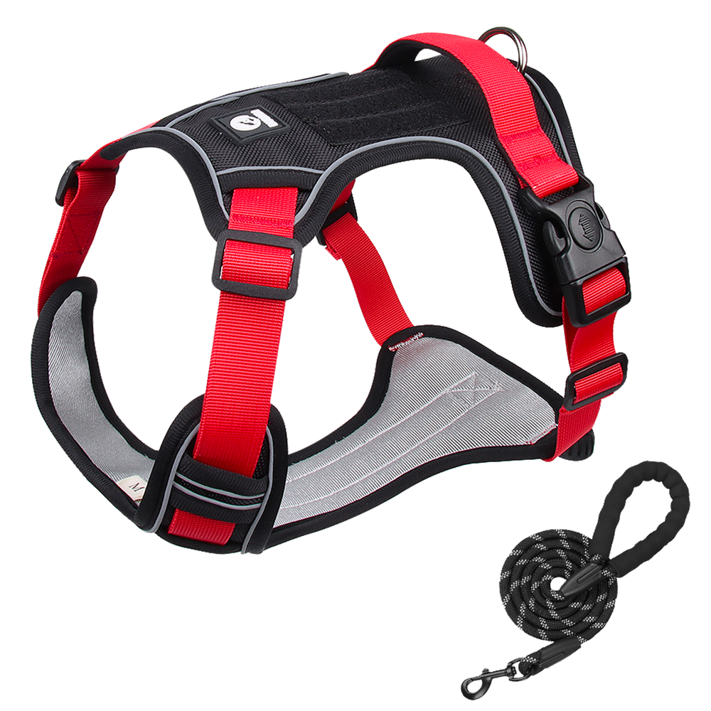 Furbulous Tactical Dog Harness Adjustable No Pull Pet Harness Reflective Working Training Dog Harness with 1.5m Lead - Red Medium