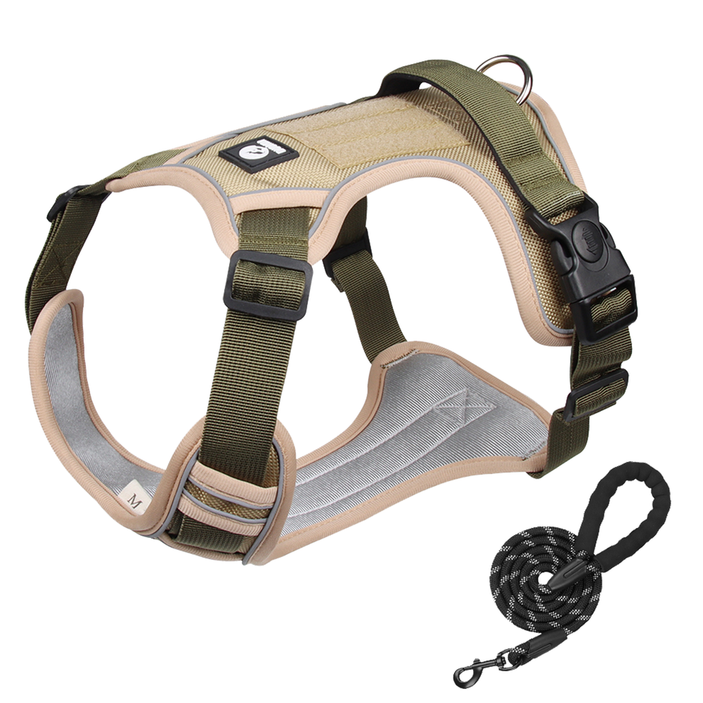 Furbulous Tactical Dog Harness Adjustable No Pull Pet Harness Reflective Working Training Dog Harness with 1.5m Lead - Khaki Medium