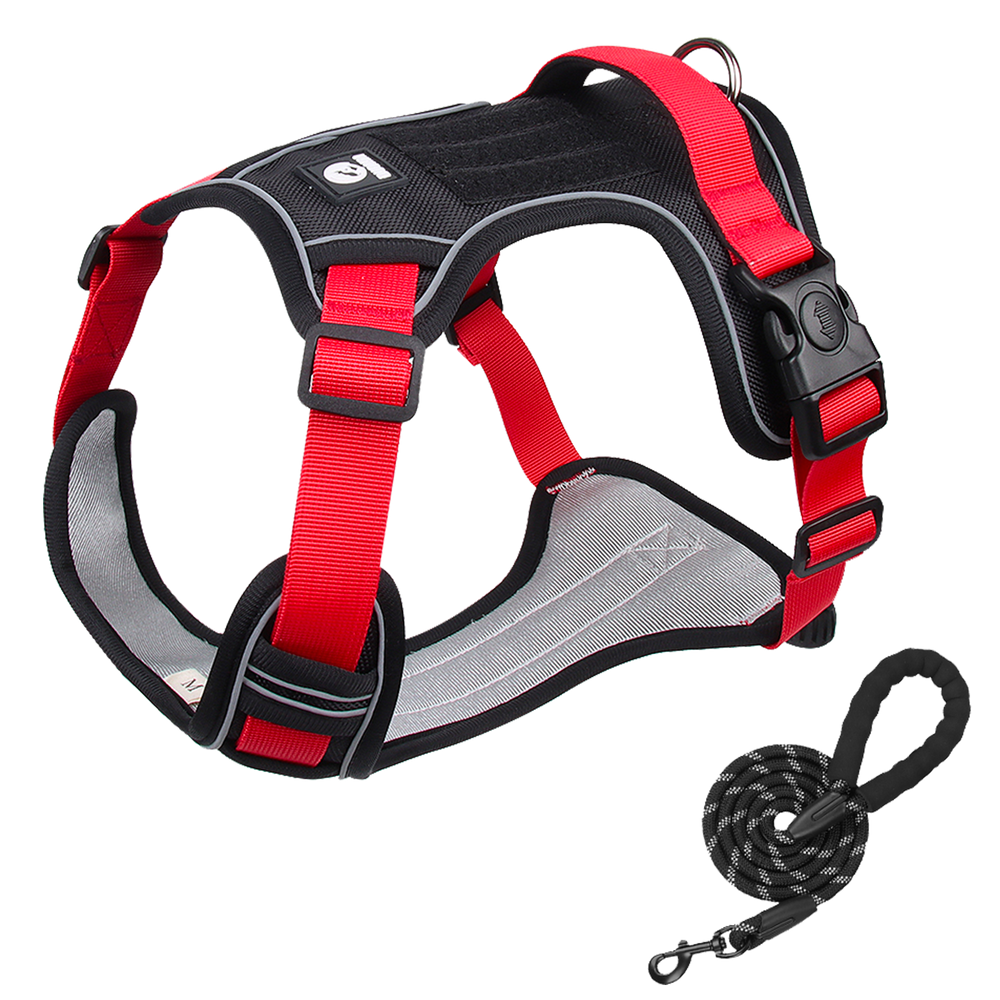 Furbulous Tactical Dog Harness Adjustable No Pull Pet Harness Reflective Working Training Dog Harness with 1.5m Lead - Red Large